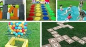A collage of children's outdoor activities: colorful building blocks, a colorful game board, kids playing in a water pool, a sculpture made of balls, and a crossword puzzle on grass.