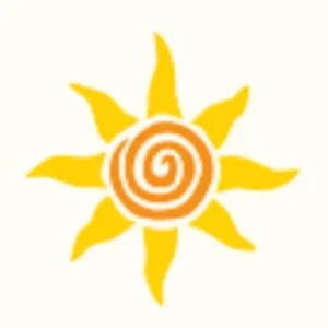 A stylized sun icon with a spiral center and yellow rays extending outward. The design features an orange swirl in the middle, set against a light background.