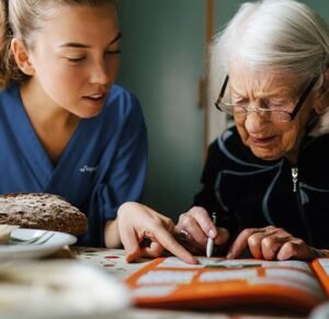 A young caregiver in a blue uniform sits beside an elderly woman with glasses at a table. They are engaged in an activity, focused on a book opened between them, while a loaf of bread is visible nearby.