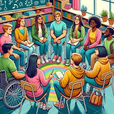 A diverse group of ten young people, including a person in a wheelchair, seated in a circle in a classroom. They are engaged in discussion, with colorful decorations and plants in the background.