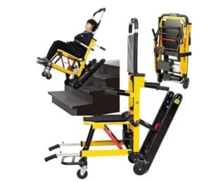 A man sits on a yellow and black wheelchair designed for climbing stairs for people with spinal cord injury.