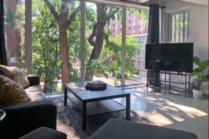 Pictures shows a vacation rental home with beautiful window and outside patio with trees in a relaxing setting