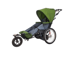 Show us a picture of an adoptive three wheel push carriage for a disabled client in green colour