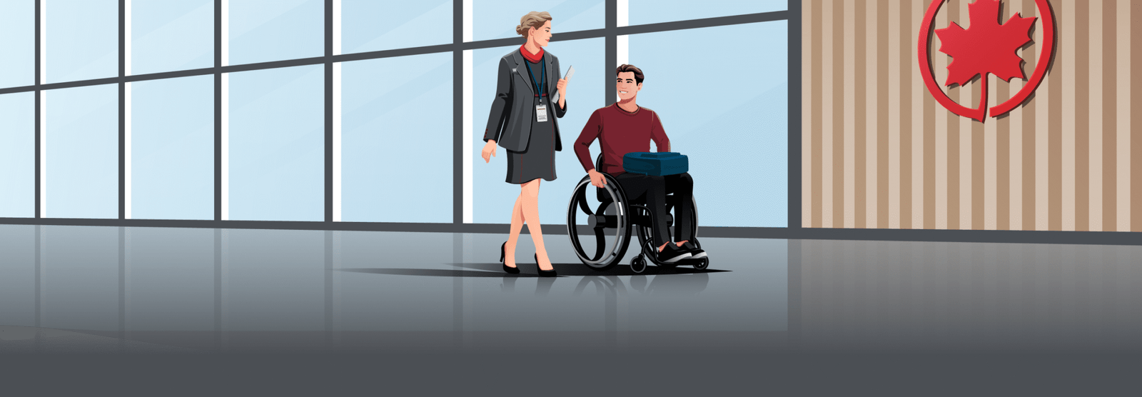 The drawing shows are disabled person in a wheelchair being accompanied by a Air Canada flight attendant being helpful
