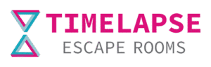 Title time lapse in dark pink with the words, escape rooms below it on a white background
