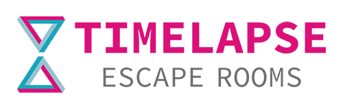 Title time lapse in dark pink with the words, escape rooms below it on a white background