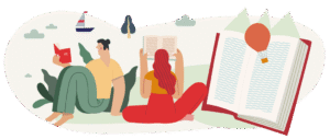 Drawing shows men and women on a beach reading and there’s a big book with a bookmark