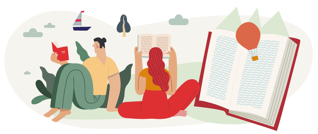 Drawing shows men and women on a beach reading and there’s a big book with a bookmark