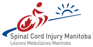 A logo drawn up with in red person in a wheelchair with Canadian flag, and the blue sunset in the distance and the word spinal cord injury Manitoba