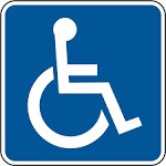 A white wheelchair symbol on a blue background, a square picture