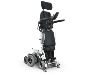 Full standing black wheelchair against white background