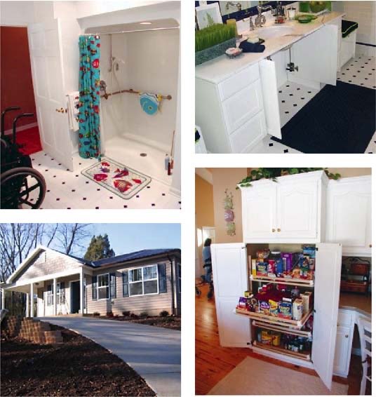 This attachment shows for images. One with Home with adaptive ramp driveway second is of an accessible cabinets in the kitchen third of an accessible shower showing the wheelchair ready to go in anda fourth is showing adaptive cabinets with the jars, open full of food easy to reach.