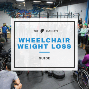 Total in blue says wheelchair weight loss guide and in the background there’s a gym and there are seated in a wheelchair. Approximately 10 persons doing an exercise class.