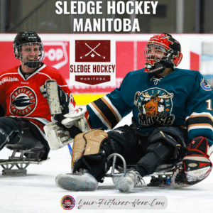 Two sledge hockey players one in red and opposing goalie in Moose jersey share a laugh