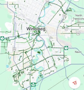 A map of Winnipeg showing various trails and streets, with highlighted green pathways indicating cycling and walking trails. The map includes labels for key locations like North Transcona and Navin, ideal for exploring Trailforks Winnipeg Trails.
