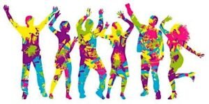 Colorful silhouettes of seven diverse individuals in joyful poses, with bright hues of pink, yellow, and green, suggesting celebration and creativity. This image resonates with themes of art activities.