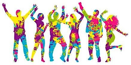 Colorful silhouettes of seven diverse individuals in joyful poses, with bright hues of pink, yellow, and green, suggesting celebration and creativity. This image resonates with themes of art activities.