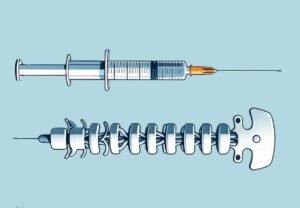 An illustration showing a syringe at the top and a spinal stimulator device below it, on a light blue background. The syringe features a clear barrel and needle, while the spinal stimulator has a segmented design, emphasizing its medical function.