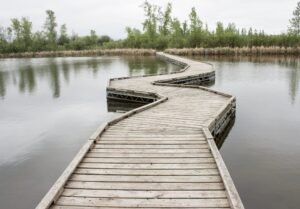 A wooden boardwalk winding through a calm body of water, surrounded by greenery and tall grasses, against a cloudy sky.