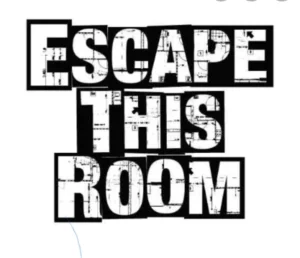 Text graphic with the words 'ESCAPE THIS ROOM' in bold, distressed font, overlaid on a black background. The design resembles architectural blueprints or plans.
