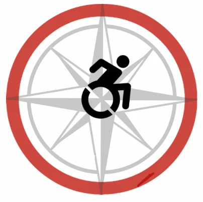 A compass with a central wheelchair icon, representing guidance and accessibility for people with disabilities.