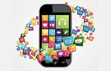 A smartphone with a colorful app interface displaying various icons including music, messages, and social media, surrounded by floating app icons in multiple colors.