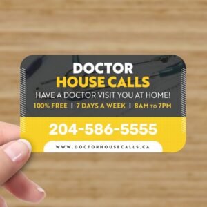 A hand holding a business card for "Doctor House Calls". The card features the text: "Have a doctor visit you at home! 100% Free | 7 Days a Week | 8 AM to 7 PM" along with a contact number and website.