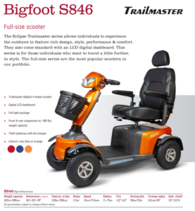 A full-size Bigfoot S846 scooter from Trailmaster, featuring a bright orange color, an ergonomic seat, and a digital LCD dashboard. The scooter is designed for outdoor use, highlighting its sturdy construction and performance specifications.