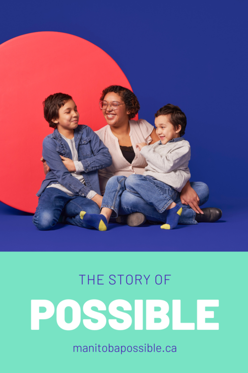 A woman sitting on the floor with two children, smiling. They are dressed in denim and seated in front of a large red circle on a blue background. The text 'THE STORY OF POSSIBLE' is displayed below, along with a website link.