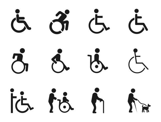 A collage of 12 icons representing various mobility aids and activities, including individuals using wheelchairs, one person running in a wheelchair, assistance with a wheelchair, and a person walking a dog, emphasizing the Manitoba Wheelchair Program.