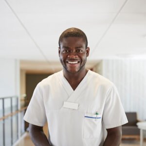 A healthcare professional wearing a white uniform smiles confidently in a well-lit hallway. The background features soft colors and seating areas, suggesting a welcoming medical environment. Transcend health services related support is evident.