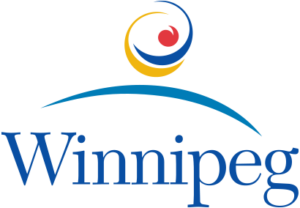 Logo of Winnipeg featuring stylized graphics of a swirl and a sun above the word "Winnipeg" in blue letters. This image relates to the Winnipeg Leisure Guide Online.