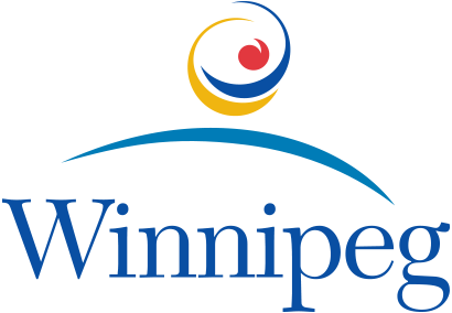 Logo of Winnipeg featuring stylized graphics of a swirl and a sun above the word "Winnipeg" in blue letters. This image relates to the Winnipeg Leisure Guide Online.