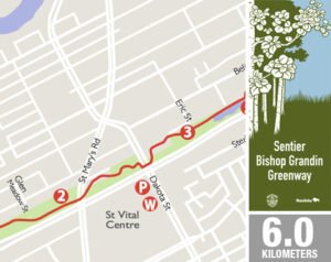 A map showing the Bishop Grandin Greenway, indicating key points such as St Vital Centre with labels for different sections. The route is highlighted in red, and there is a distance marker of 6.0 kilometers. The image is relevant to Winnipeg Trails & Maps.