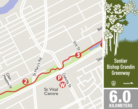 A map showing the Bishop Grandin Greenway, indicating key points such as St Vital Centre with labels for different sections. The route is highlighted in red, and there is a distance marker of 6.0 kilometers. The image is relevant to Winnipeg Trails & Maps.