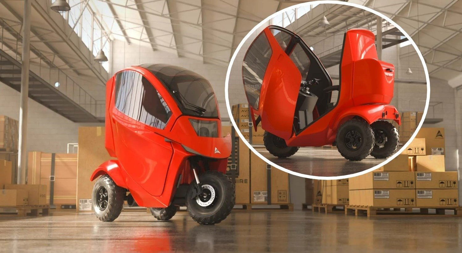 An enclosed mobility scooter in bright red, displayed in a warehouse setting. It features a unique design with large wheels and a transparent canopy. The inset shows the scooter from a different angle with the door open.
