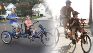 Two images of a man and a boy joyfully riding a bicycle together in a scenic outdoor setting.