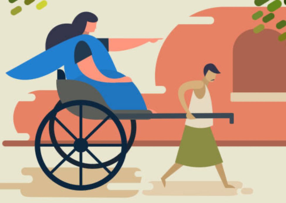 An illustration of a man pulls a rickshaw with a woman seated inside, showcasing traditional transportation in an urban setting.