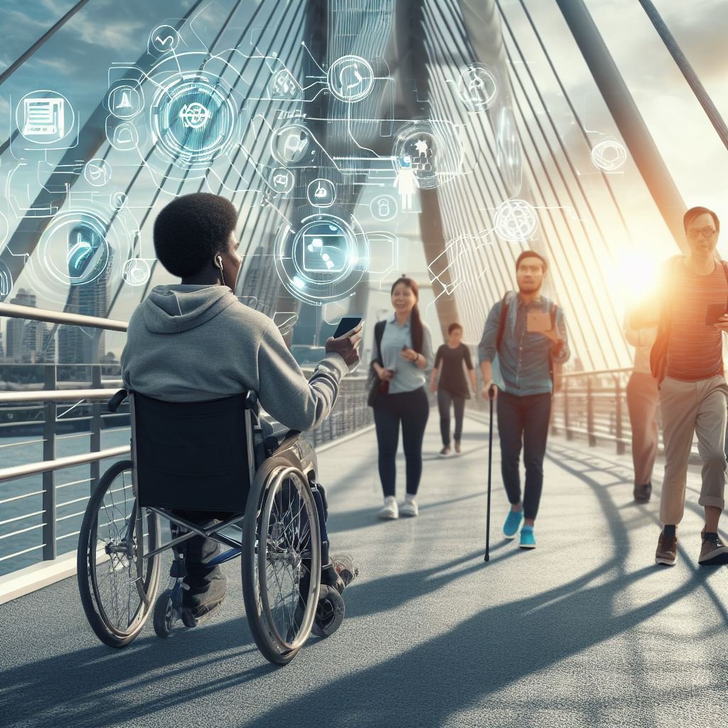 A man in a wheelchair navigates a bridge with pedestrians around him, showcasing an inclusive environment.