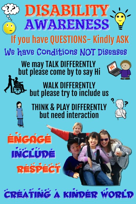 Disability awareness poster featuring diverse individuals and empowering messages promoting inclusivity and understanding.