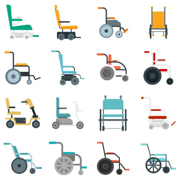 Set of flat design wheelchair icons in vector style, showcasing various wheelchair symbols for accessibility.