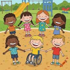 An illustration of 7 kids playing in park with some a slide behind