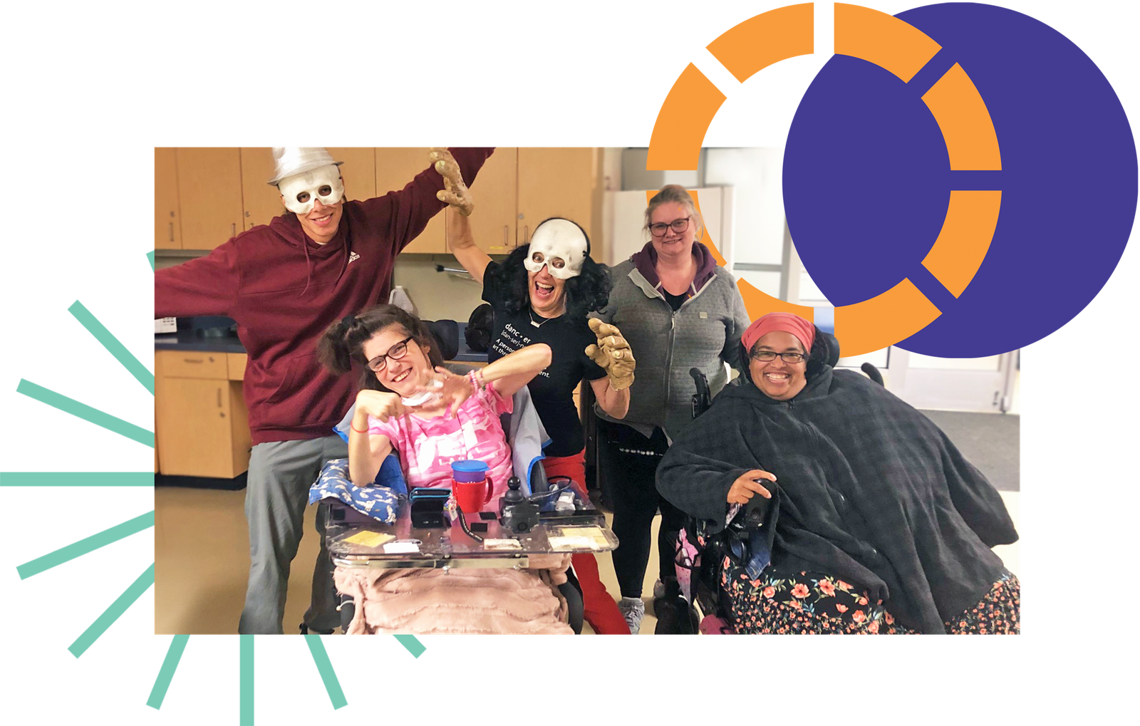 A diverse group of individuals in wheelchairs, three of them wearing masks, gathered together in a supportive environment.