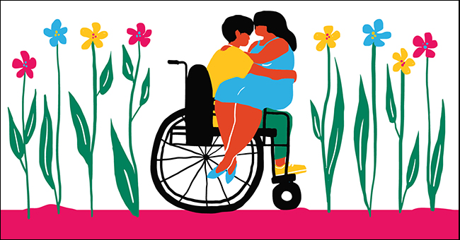 Illustration showing a couple in a wheelchair, conveying a sense of companionship and happiness.