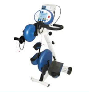 A blue and white fitness machine equipped with a monitor to display exercise metrics.