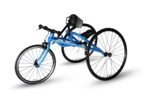 A blue handcycle with three wheels, featuring a streamlined frame and a comfortable seat. The handlebars are positioned for maneuverability, suitable for outdoor use.