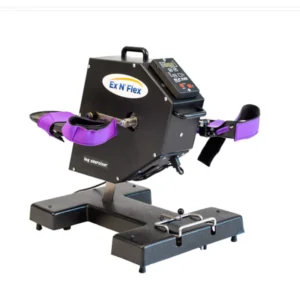A black and purple leg exercise machine called "Ex N' Flex," featuring adjustable straps and a digital display for monitoring workout progress. The base has a sturdy frame for stability.