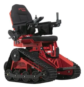 A red and black tracked wheelchair designed for outdoor terrain, featuring a cushioned seat, armrests, and joystick controls for maneuverability.