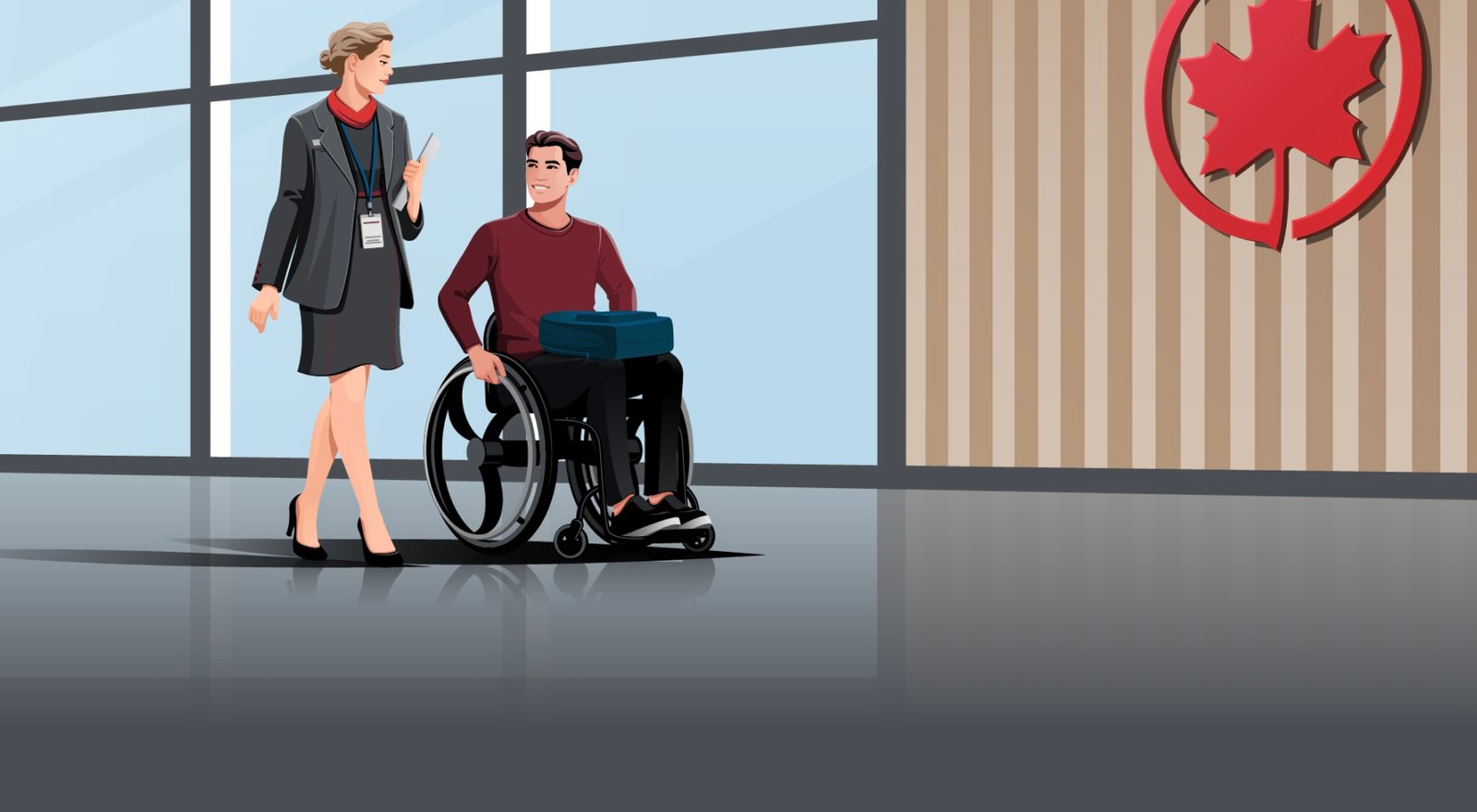 Man in a wheelchair in a red shirt is being accompanied by Air Canada female flight attendant Donna corridor on the wall is a big red Air Canada logo