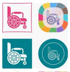 Drawing of four wheelchairs, and the two in the bottom are teal green with white on the top left one is a dark pink outline with a pink line and the right top is a multicoloured border with a wheelchair in the middle